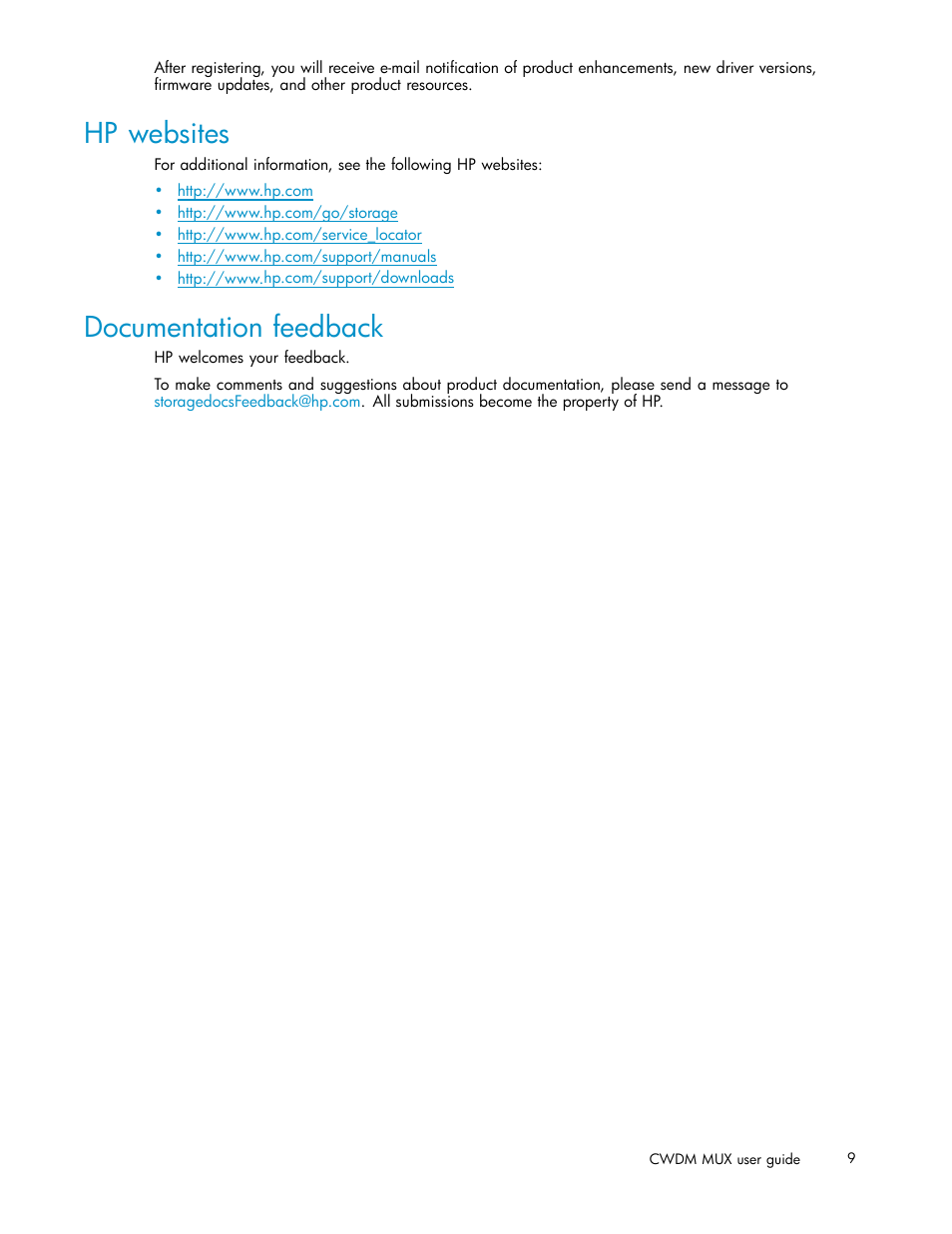 Hp websites, Documentation feedback | HP Coarse Wave Division Multiplexer User Manual | Page 9 / 27