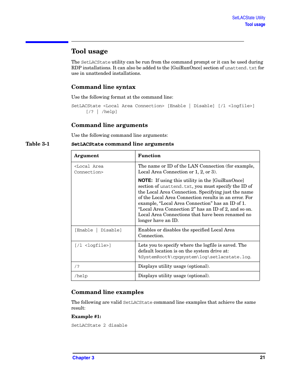 Tool usage, Command line syntax, Command line arguments | Command line examples | HP Integrity rx5670 Server User Manual | Page 21 / 38