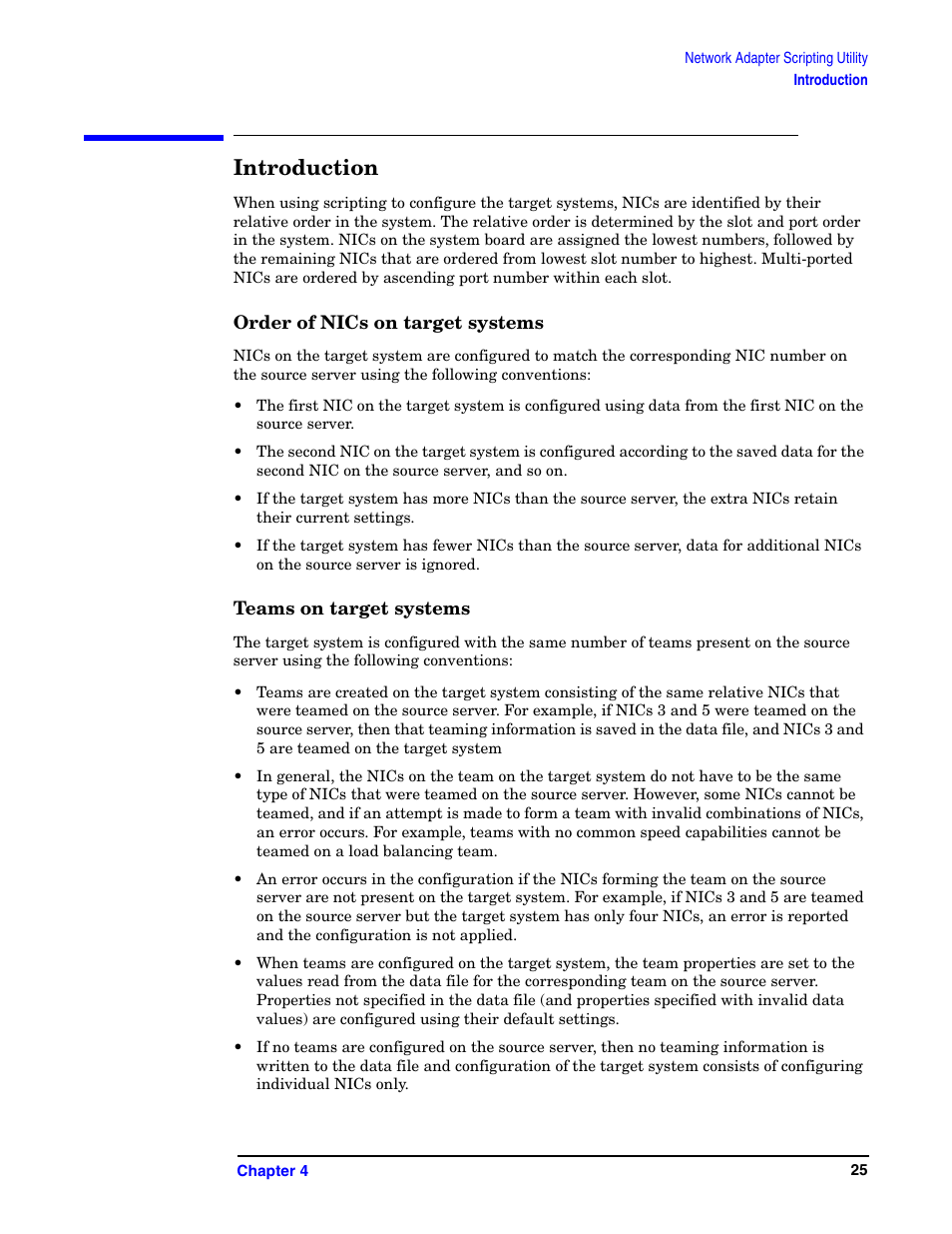 Introduction, Order of nics on target systems, Teams on target systems | HP Integrity rx5670 Server User Manual | Page 25 / 38