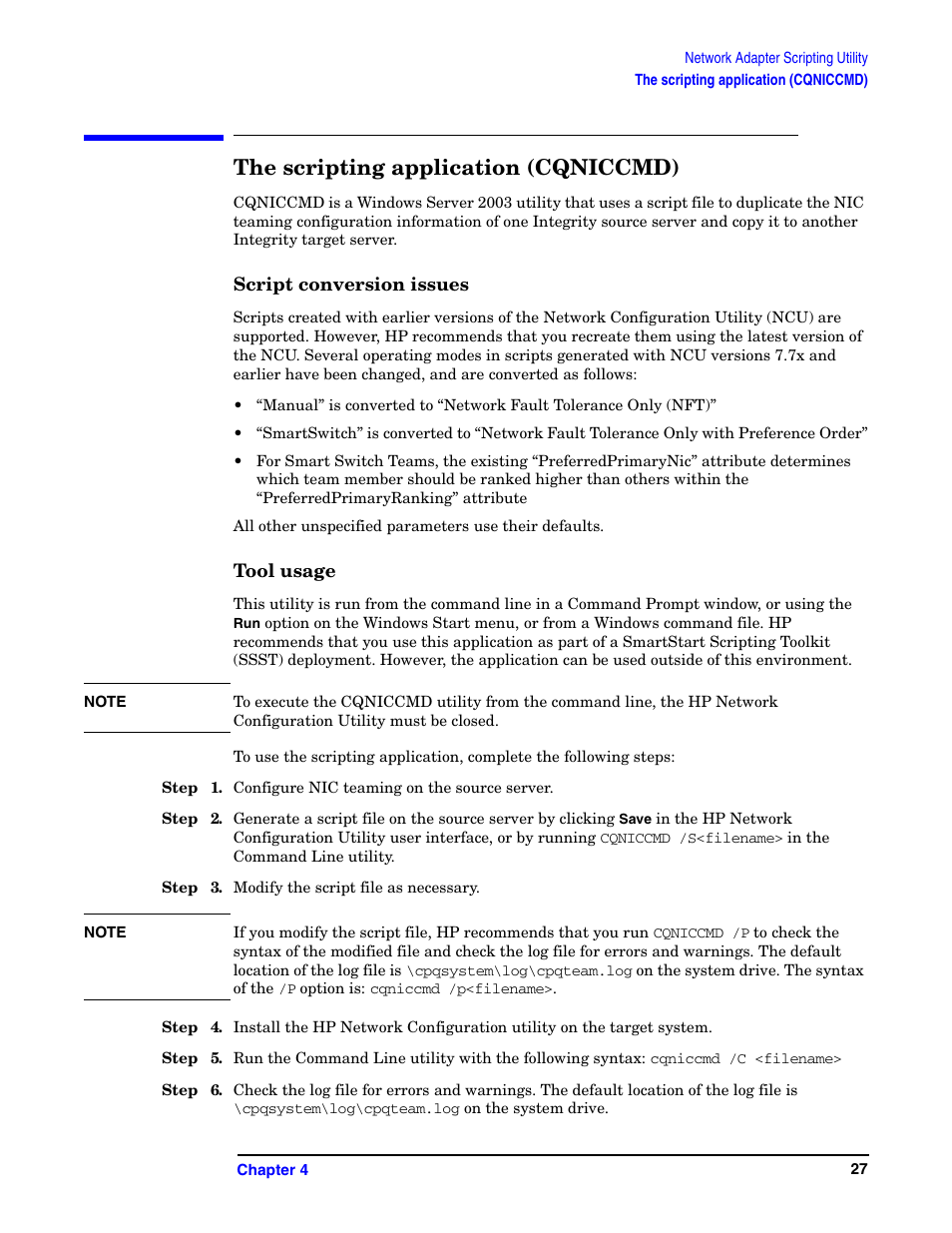 The scripting application (cqniccmd), Script conversion issues, Tool usage | Script conversion issues tool usage | HP Integrity rx5670 Server User Manual | Page 27 / 38