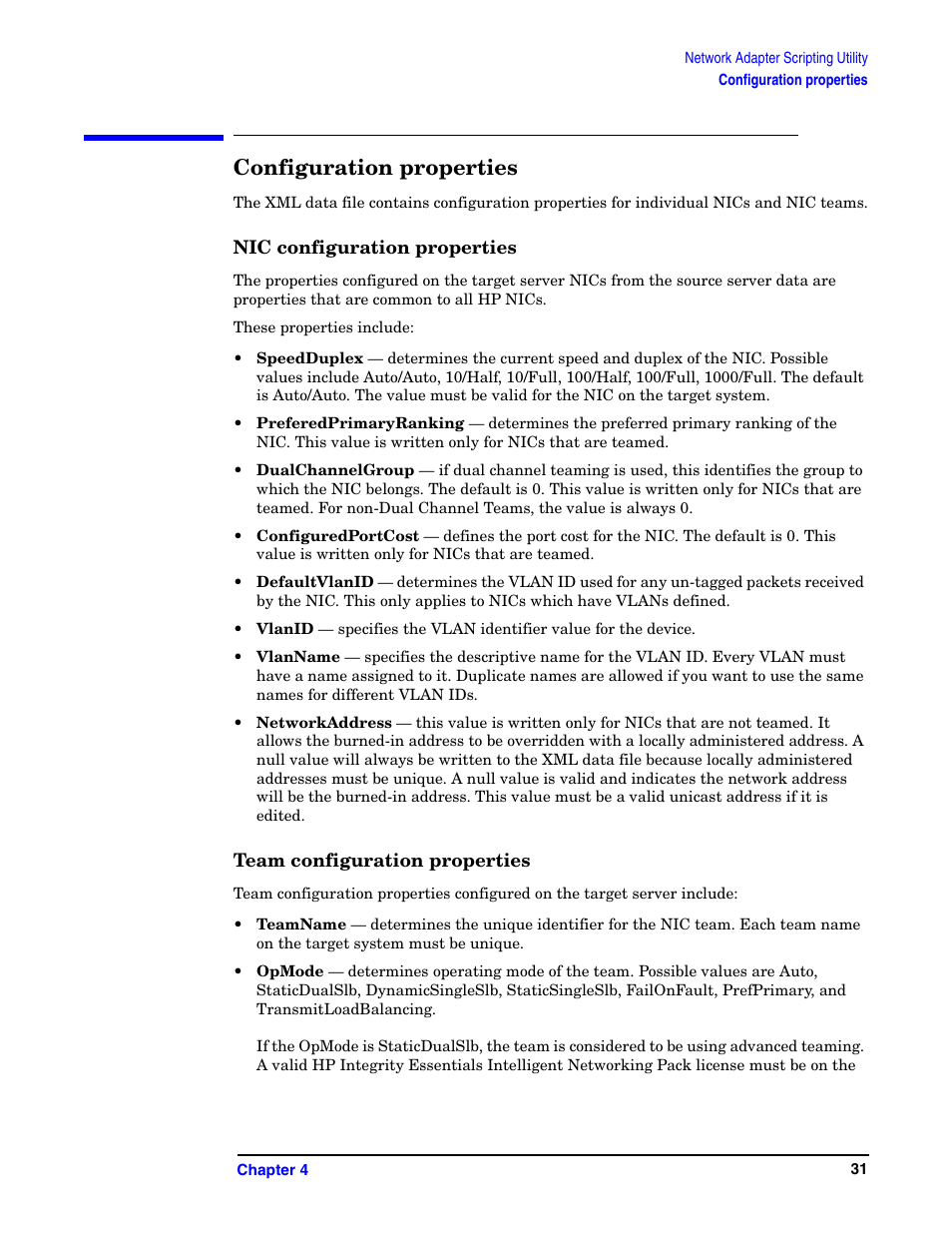 Configuration properties, Nic configuration properties, Team configuration properties | HP Integrity rx5670 Server User Manual | Page 31 / 38