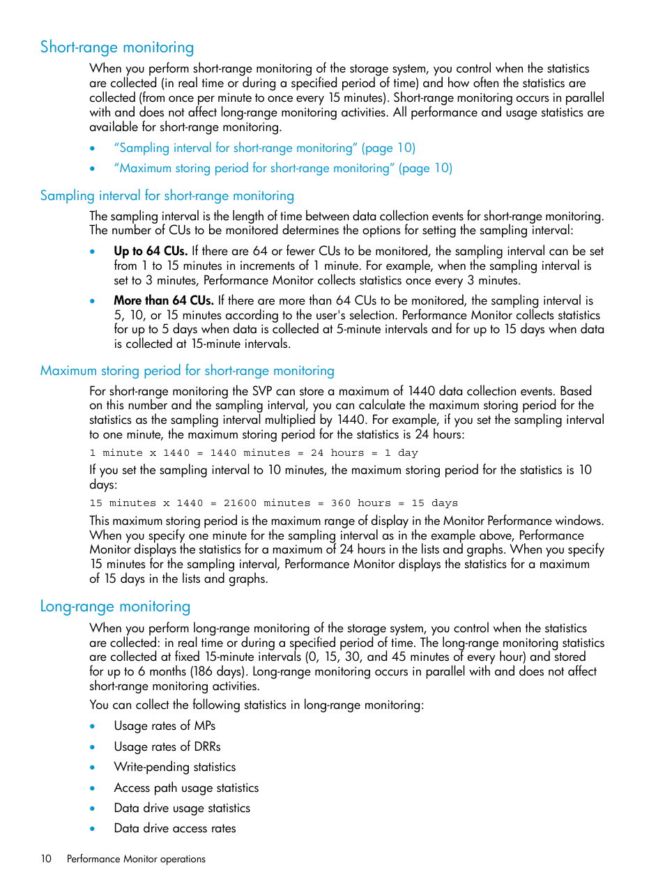 Short-range monitoring, Sampling interval for short-range monitoring, Maximum storing period for short-range monitoring | Long-range monitoring | HP XP7 Storage User Manual | Page 10 / 227