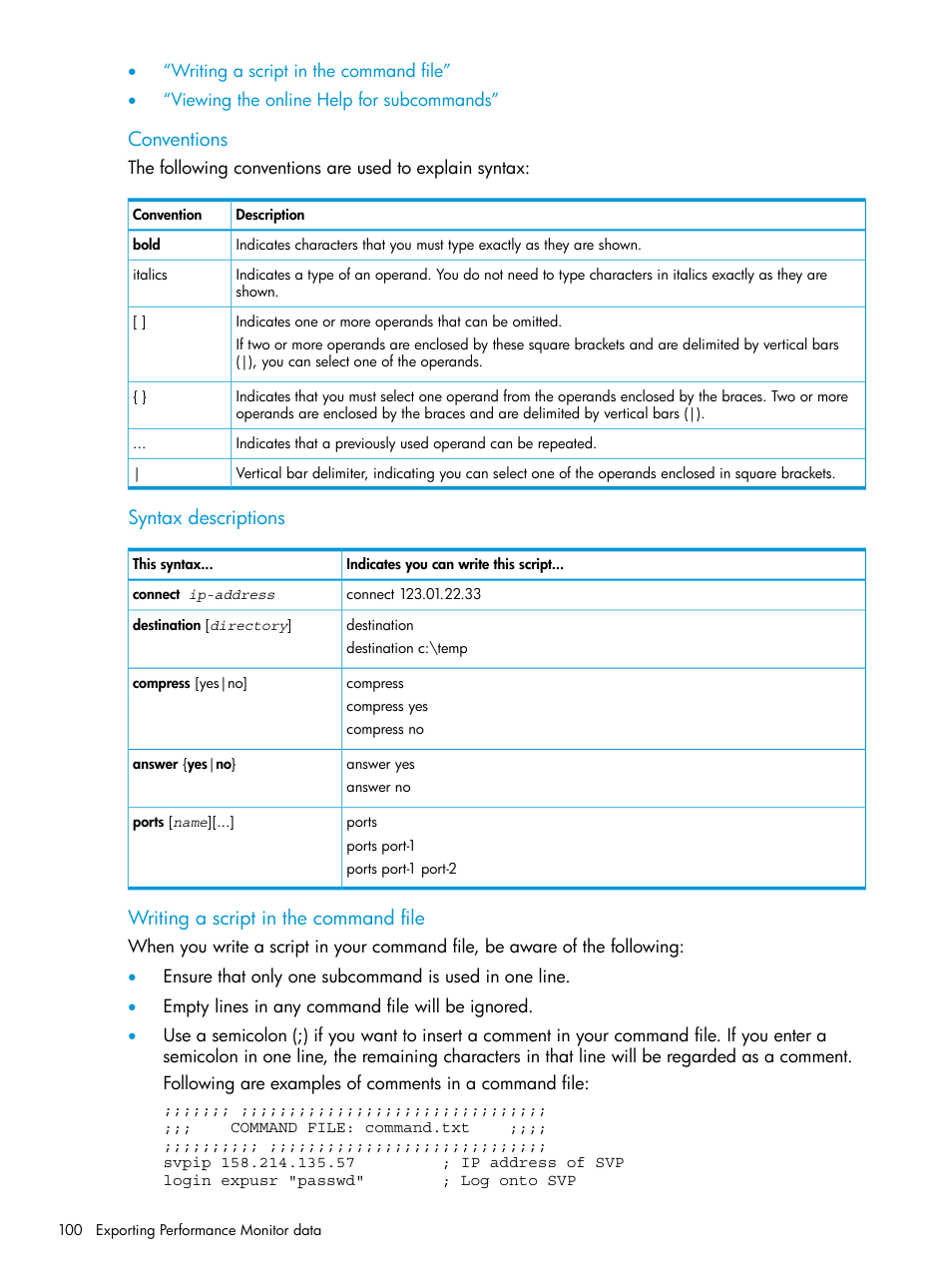 Conventions, Syntax descriptions, Writing a script in the command file | HP XP7 Storage User Manual | Page 100 / 227