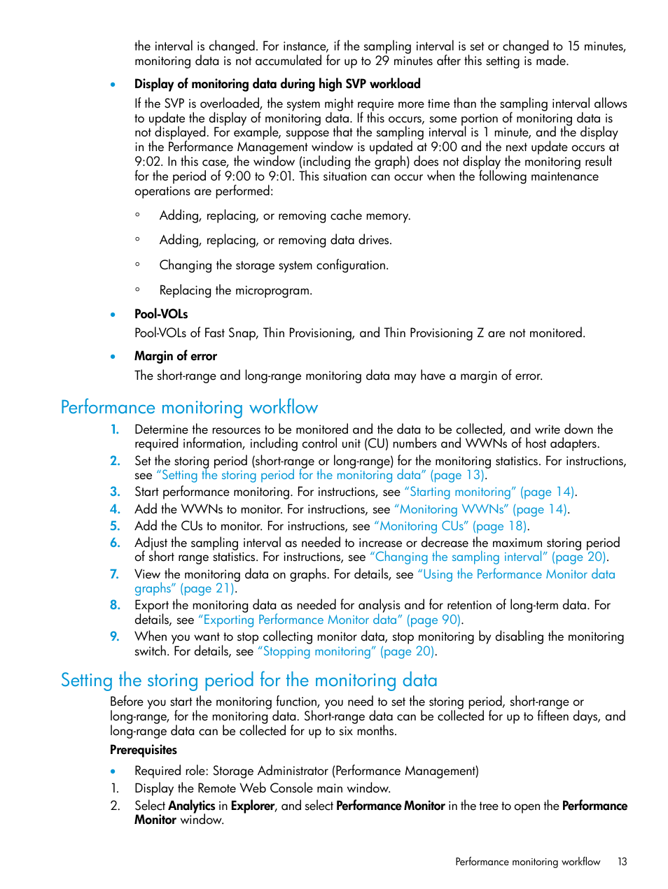 Performance monitoring workflow, Setting the storing period for the monitoring data | HP XP7 Storage User Manual | Page 13 / 227