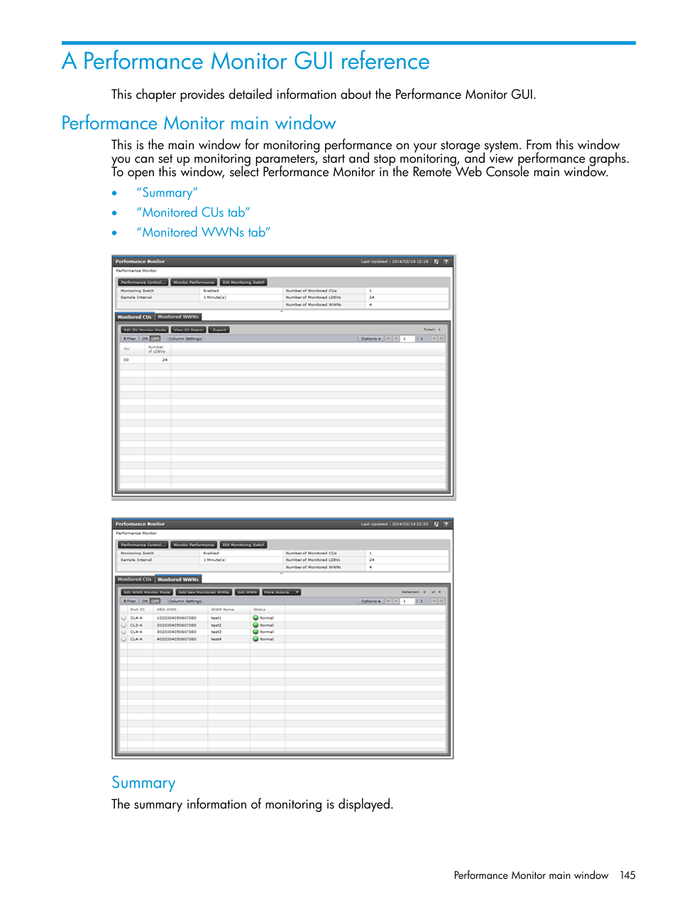 A performance monitor gui reference, Performance monitor main window | HP XP7 Storage User Manual | Page 145 / 227