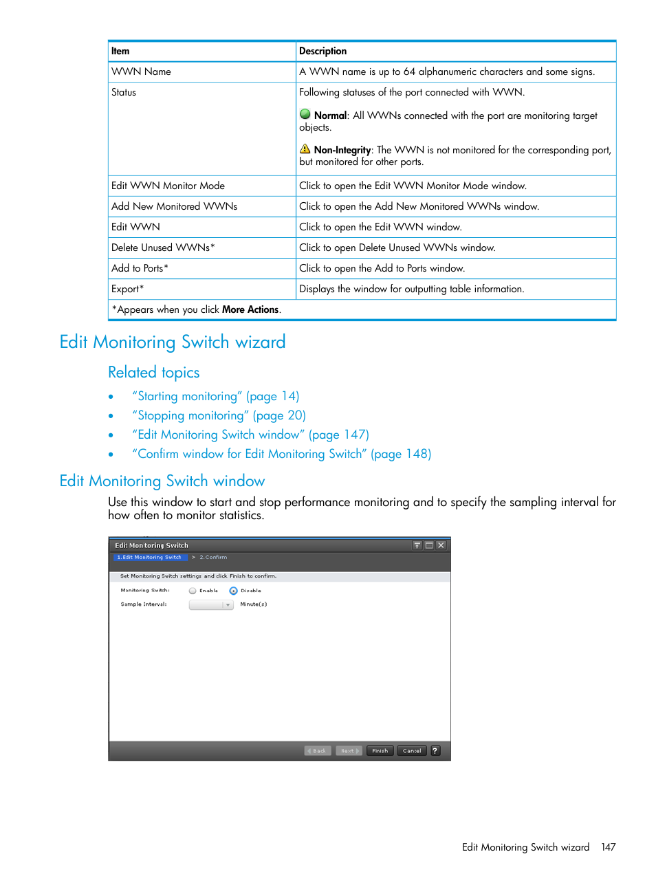 Edit monitoring switch wizard, Edit monitoring switch window, Related topics | HP XP7 Storage User Manual | Page 147 / 227