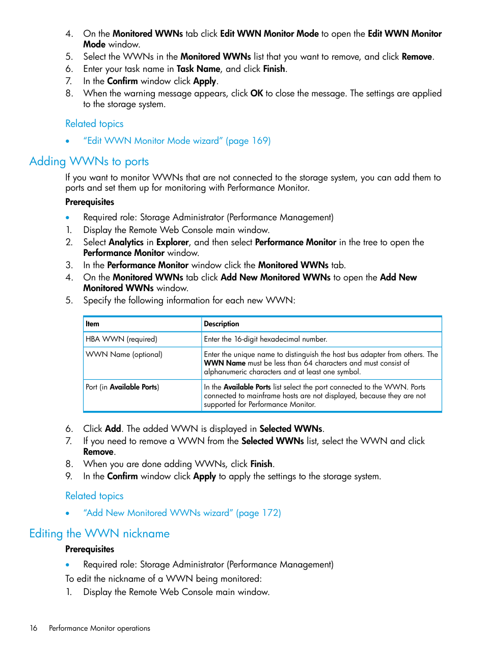 Adding wwns to ports, Editing the wwn nickname, Adding wwns to ports editing the wwn nickname | HP XP7 Storage User Manual | Page 16 / 227