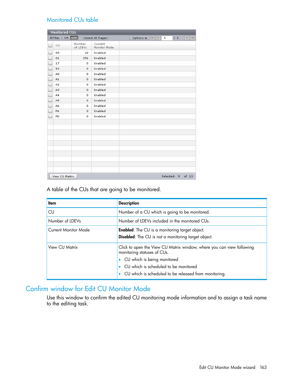 Confirm window for edit cu monitor mode, Monitored cus table | HP XP7 Storage User Manual | Page 163 / 227