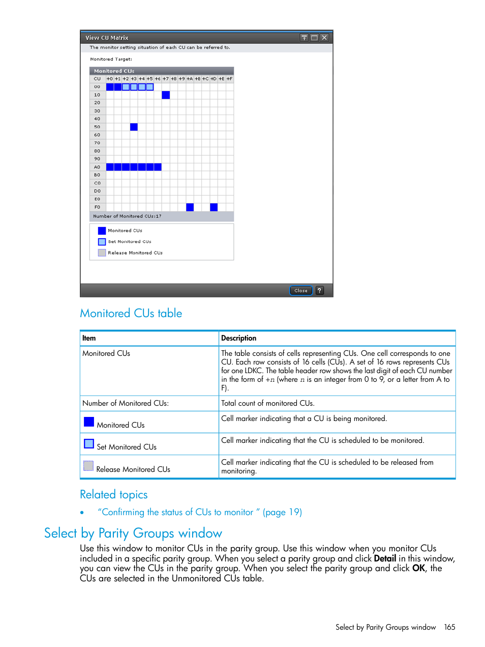 Select by parity groups window, Monitored cus table, Related topics | HP XP7 Storage User Manual | Page 165 / 227