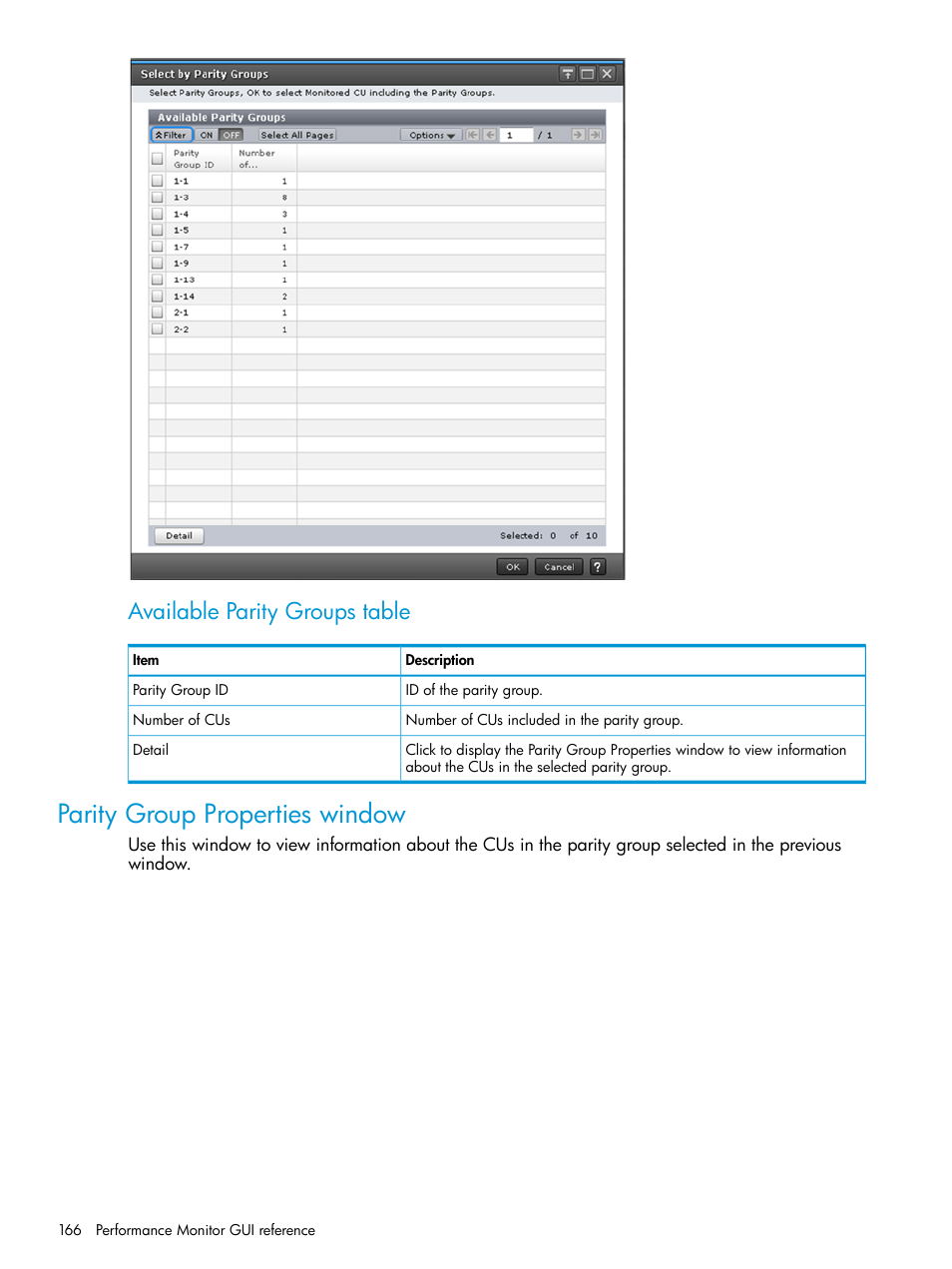 Parity group properties window, Available parity groups table | HP XP7 Storage User Manual | Page 166 / 227