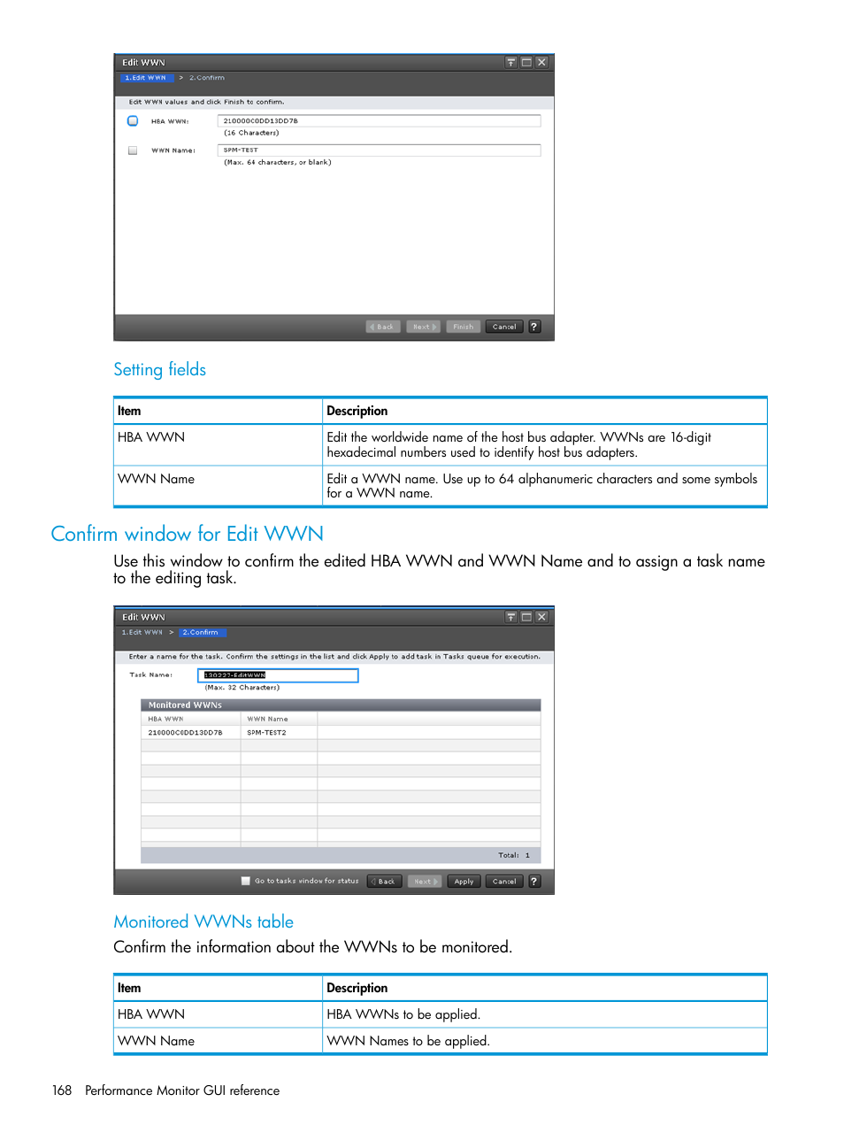 Confirm window for edit wwn, Setting fields, Monitored wwns table | HP XP7 Storage User Manual | Page 168 / 227