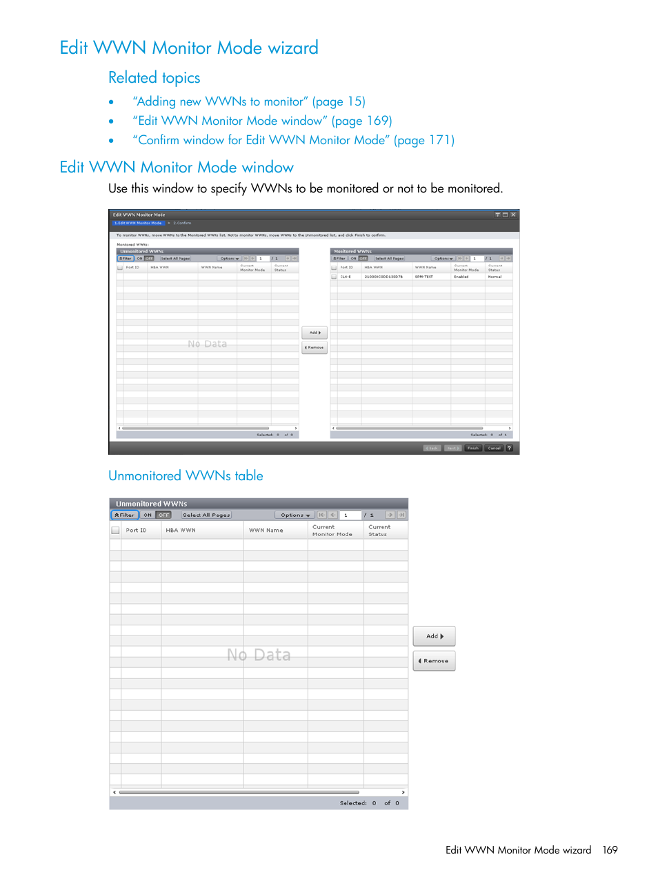 Edit wwn monitor mode wizard, Edit wwn monitor mode window, Related topics | HP XP7 Storage User Manual | Page 169 / 227