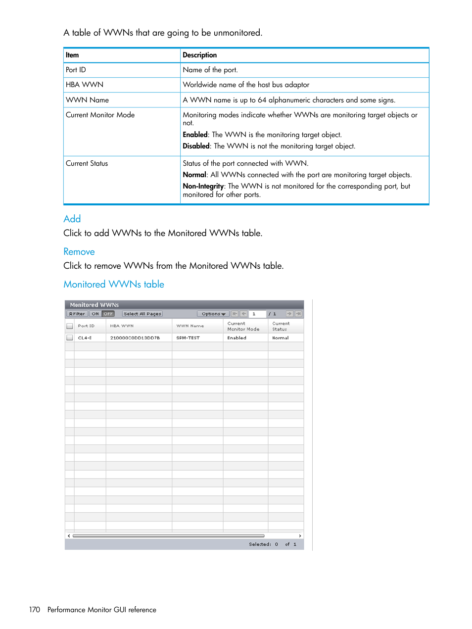 Remove, Monitored wwns table | HP XP7 Storage User Manual | Page 170 / 227