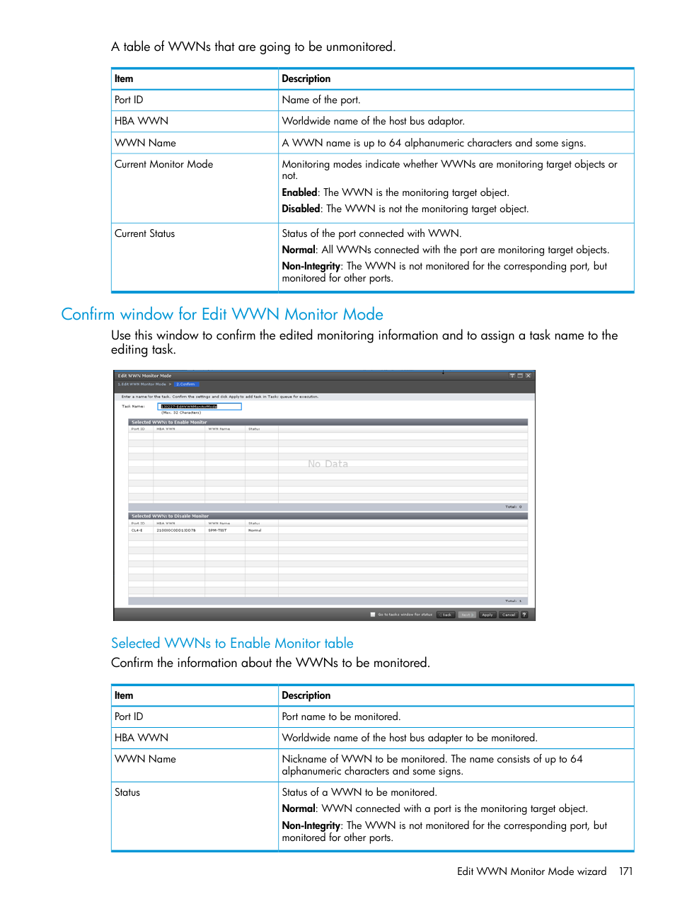 Confirm window for edit wwn monitor mode, Selected wwns to enable monitor table | HP XP7 Storage User Manual | Page 171 / 227