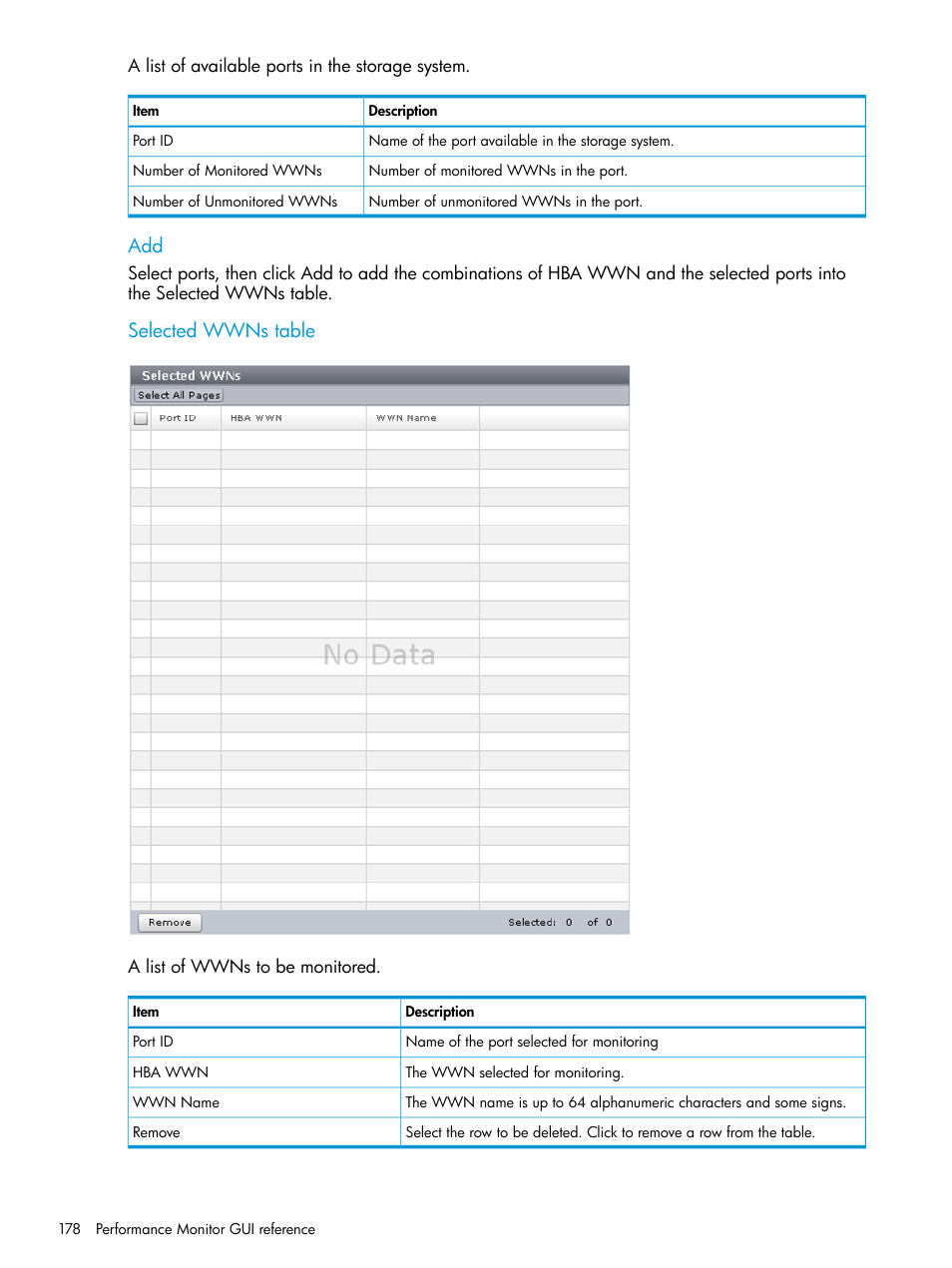 Selected wwns table | HP XP7 Storage User Manual | Page 178 / 227