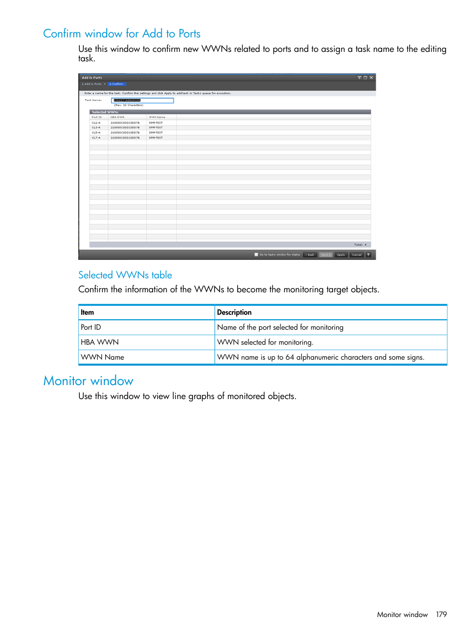 Confirm window for add to ports, Monitor window | HP XP7 Storage User Manual | Page 179 / 227