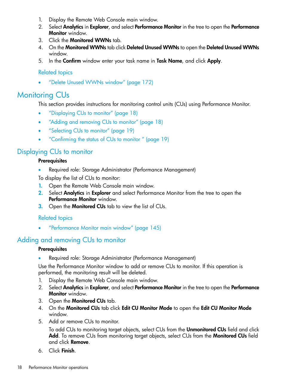 Monitoring cus, Displaying cus to monitor, Adding and removing cus to monitor | HP XP7 Storage User Manual | Page 18 / 227