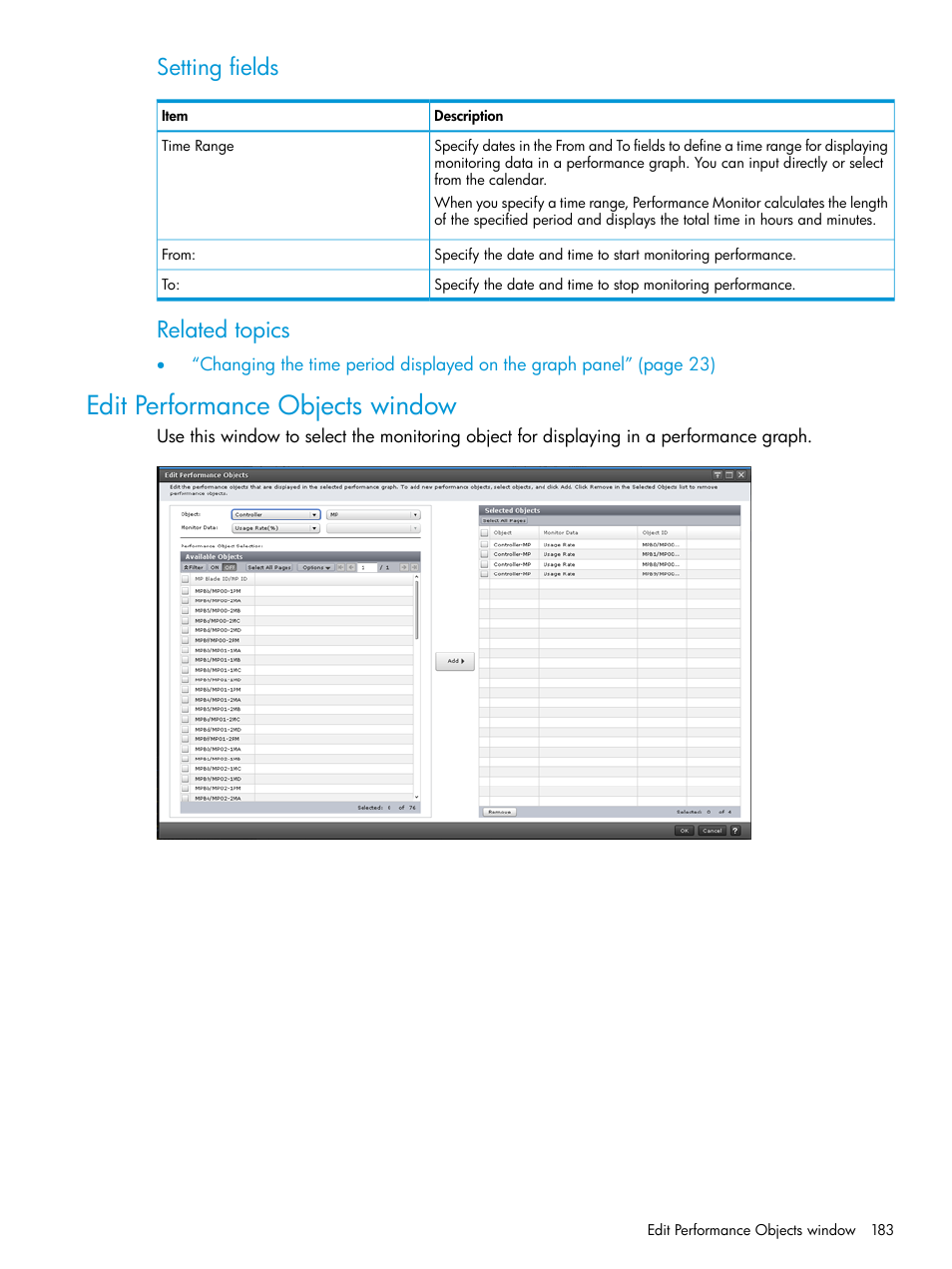 Edit performance objects window, Setting fields, Related topics | HP XP7 Storage User Manual | Page 183 / 227