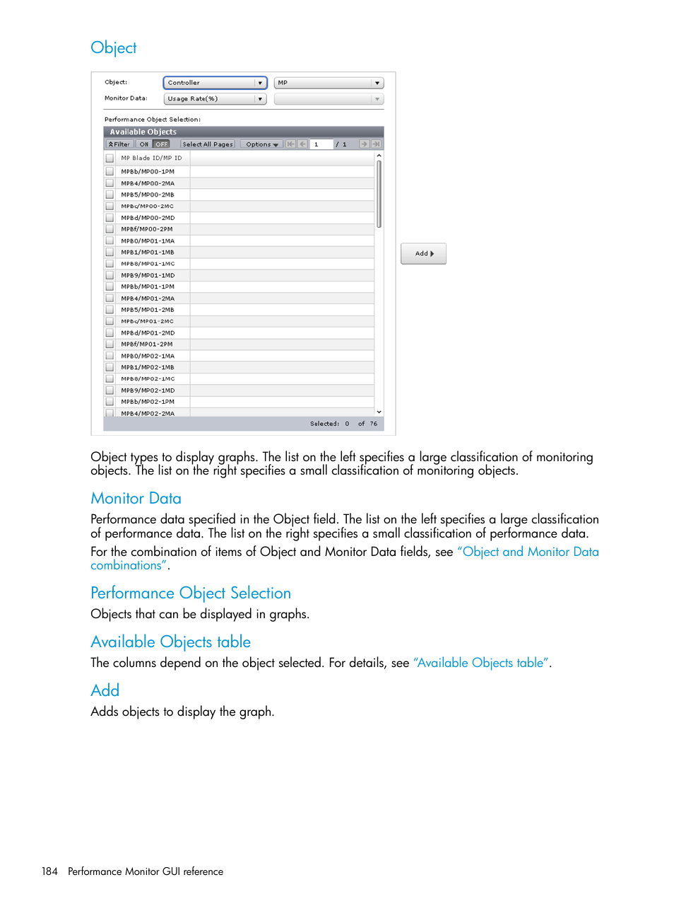 Object, Monitor data, Performance object selection | Available objects table | HP XP7 Storage User Manual | Page 184 / 227