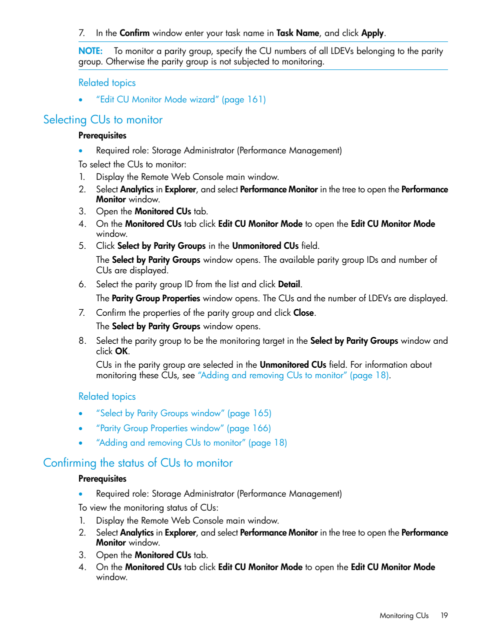 Selecting cus to monitor, Confirming the status of cus to monitor | HP XP7 Storage User Manual | Page 19 / 227