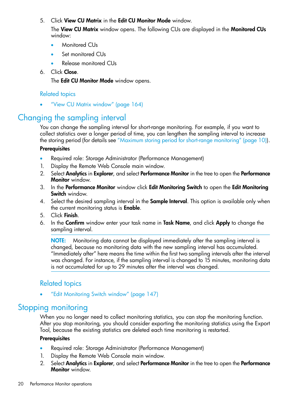 Changing the sampling interval, Stopping monitoring, Changing the sampling interval stopping monitoring | Related topics | HP XP7 Storage User Manual | Page 20 / 227