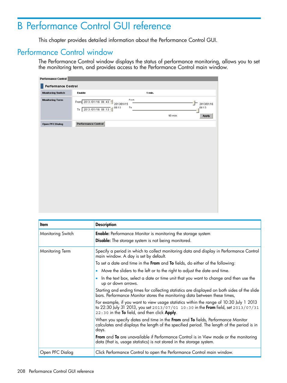 B performance control gui reference, Performance control window | HP XP7 Storage User Manual | Page 208 / 227