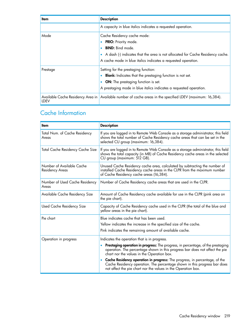 Cache, Information, Cache information | HP XP7 Storage User Manual | Page 219 / 227