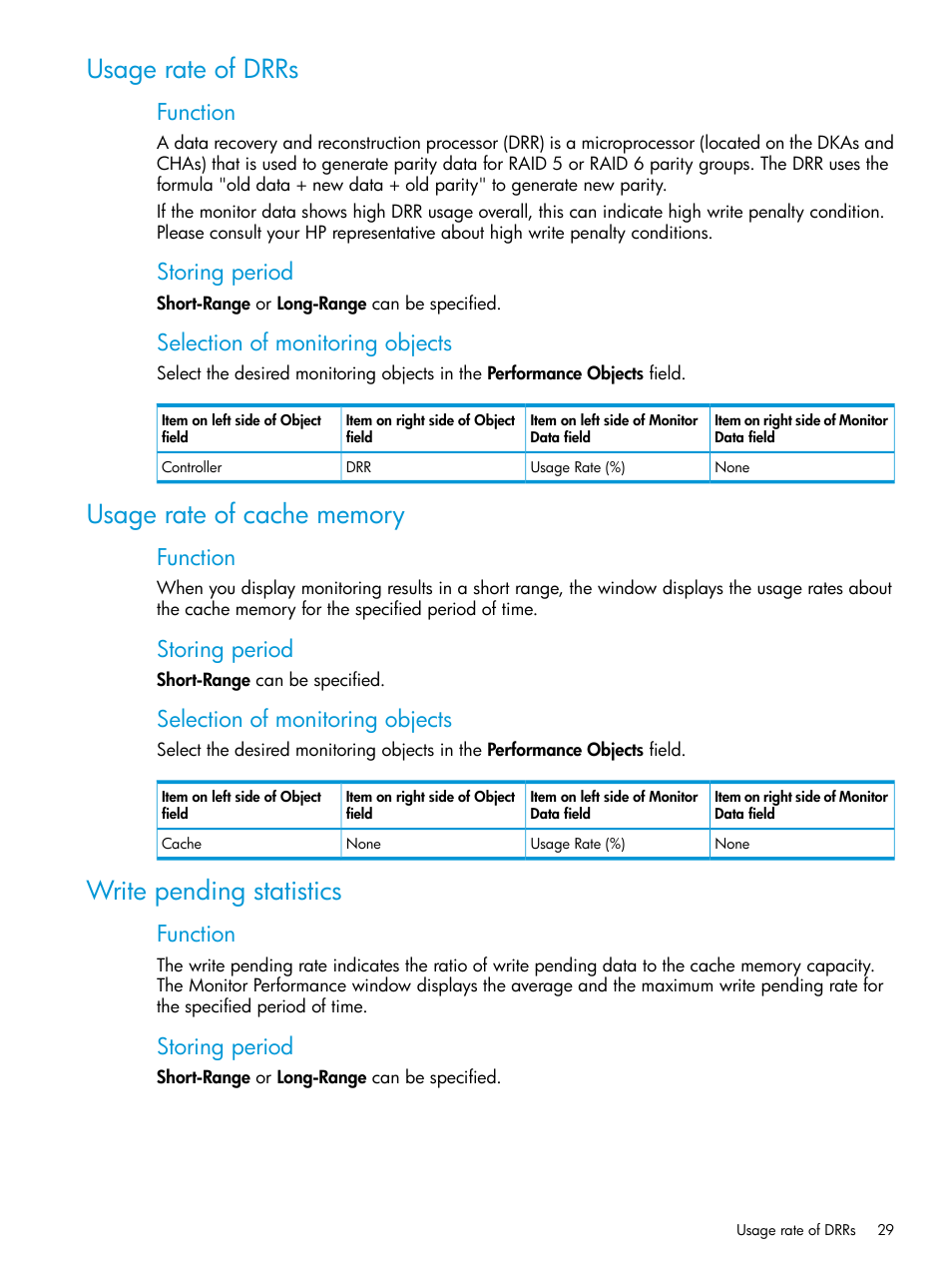Usage rate of drrs, Usage rate of cache memory, Write pending statistics | Function, Storing period, Selection of monitoring objects | HP XP7 Storage User Manual | Page 29 / 227