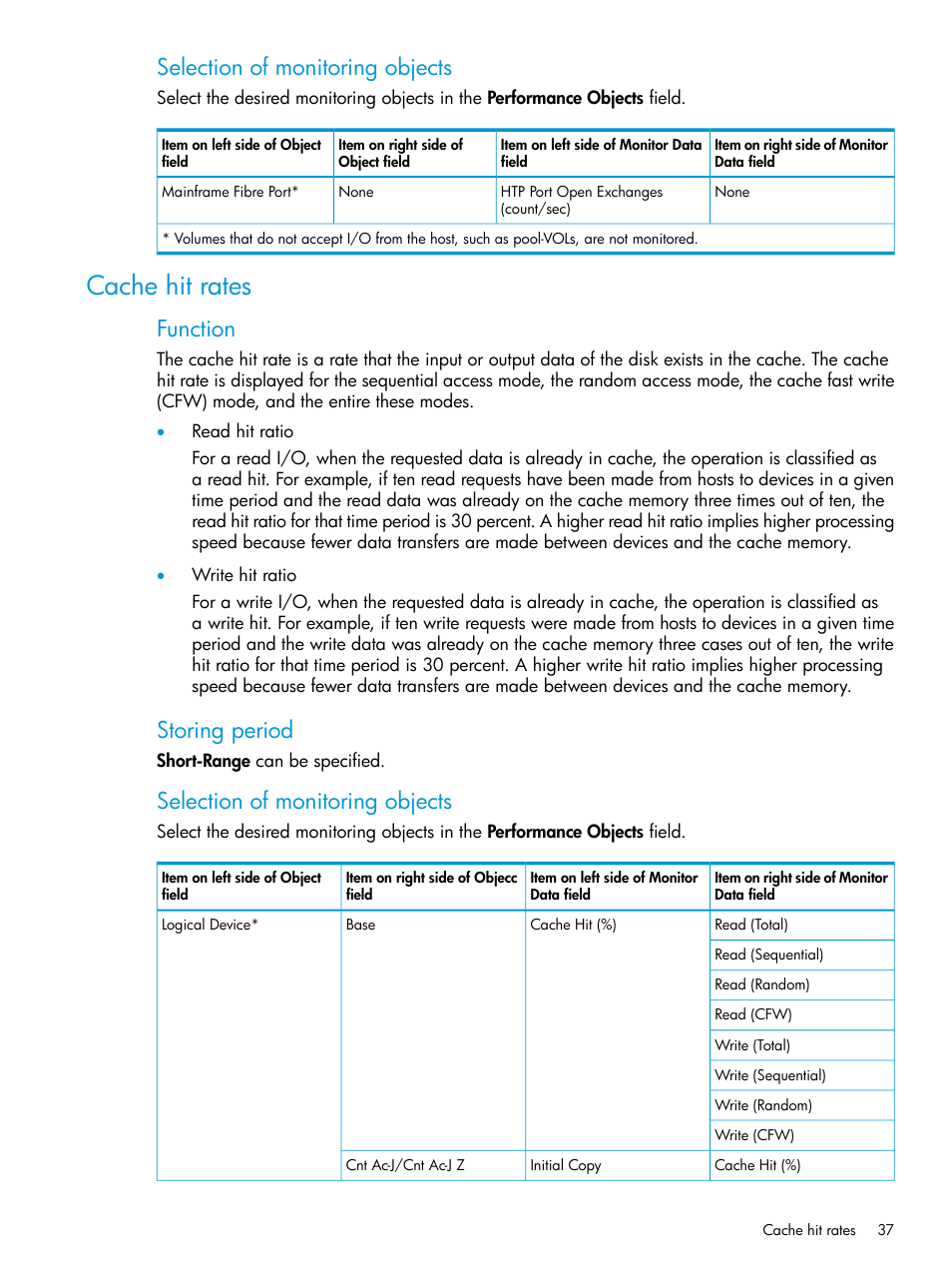 Cache hit rates, Selection of monitoring objects, Function | Storing period | HP XP7 Storage User Manual | Page 37 / 227