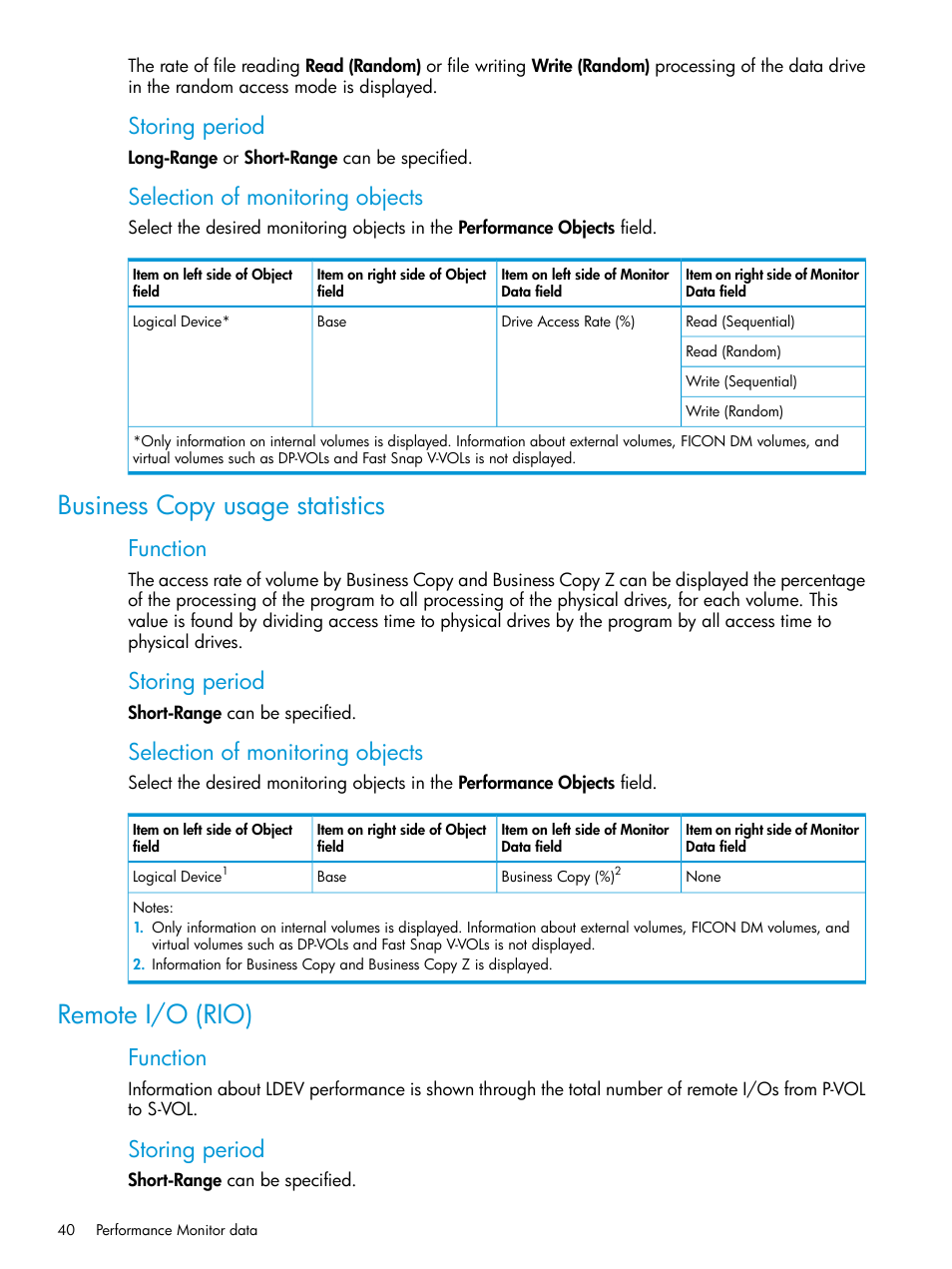 Business copy usage statistics, Remote i/o (rio), Business copy usage statistics remote i/o (rio) | Storing period, Selection of monitoring objects, Function | HP XP7 Storage User Manual | Page 40 / 227