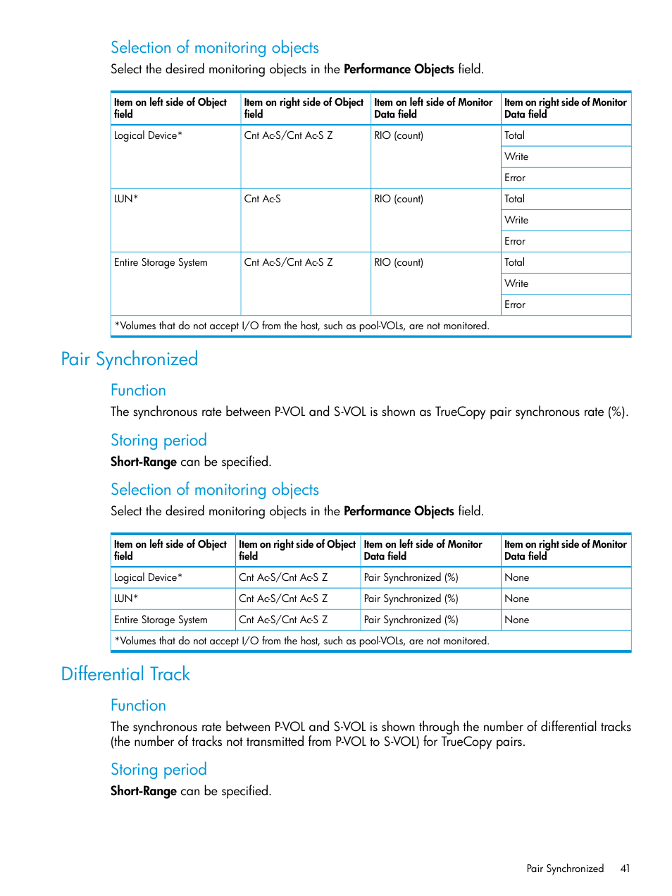 Pair synchronized, Differential track, Pair synchronized differential track | Selection of monitoring objects, Function, Storing period | HP XP7 Storage User Manual | Page 41 / 227