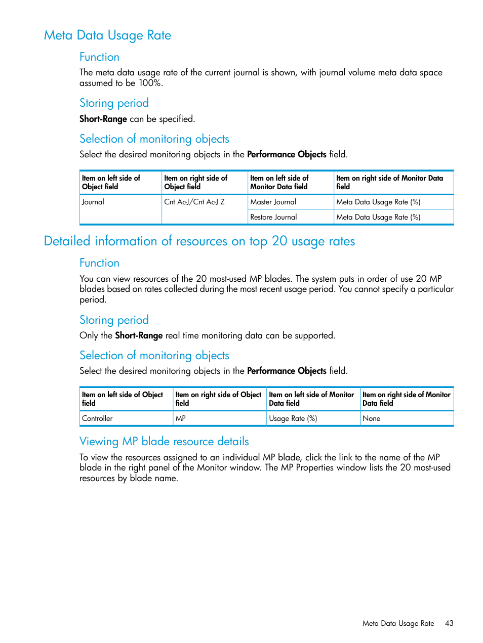 Meta data usage rate, Function, Storing period | Selection of monitoring objects, Viewing mp blade resource details | HP XP7 Storage User Manual | Page 43 / 227