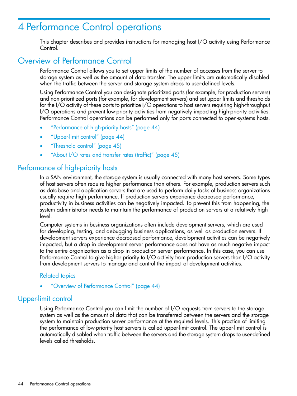 4 performance control operations, Overview of performance control, Performance of high-priority hosts | Upper-limit control | HP XP7 Storage User Manual | Page 44 / 227