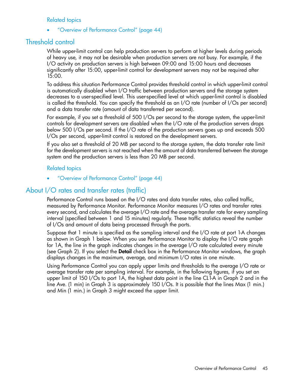 Threshold control, About i/o rates and transfer rates (traffic) | HP XP7 Storage User Manual | Page 45 / 227