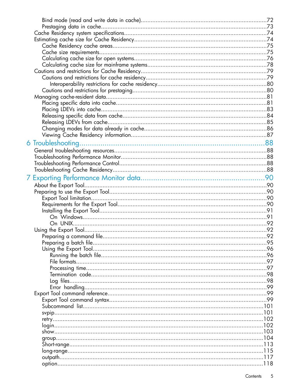 6 troubleshooting, 7 exporting performance monitor data | HP XP7 Storage User Manual | Page 5 / 227