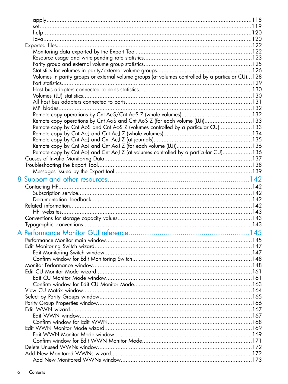 8 support and other resources, A performance monitor gui reference | HP XP7 Storage User Manual | Page 6 / 227