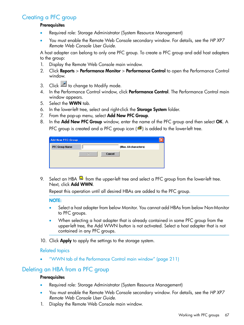 Creating a pfc group, Deleting an hba from a pfc group | HP XP7 Storage User Manual | Page 67 / 227