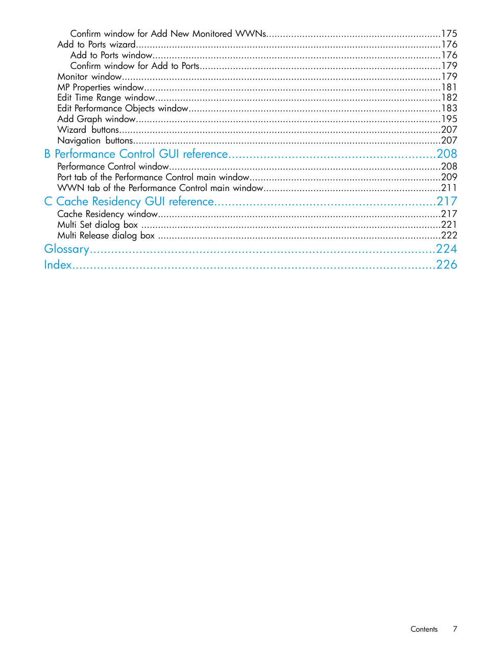 B performance control gui reference, C cache residency gui reference, Glossary index | HP XP7 Storage User Manual | Page 7 / 227