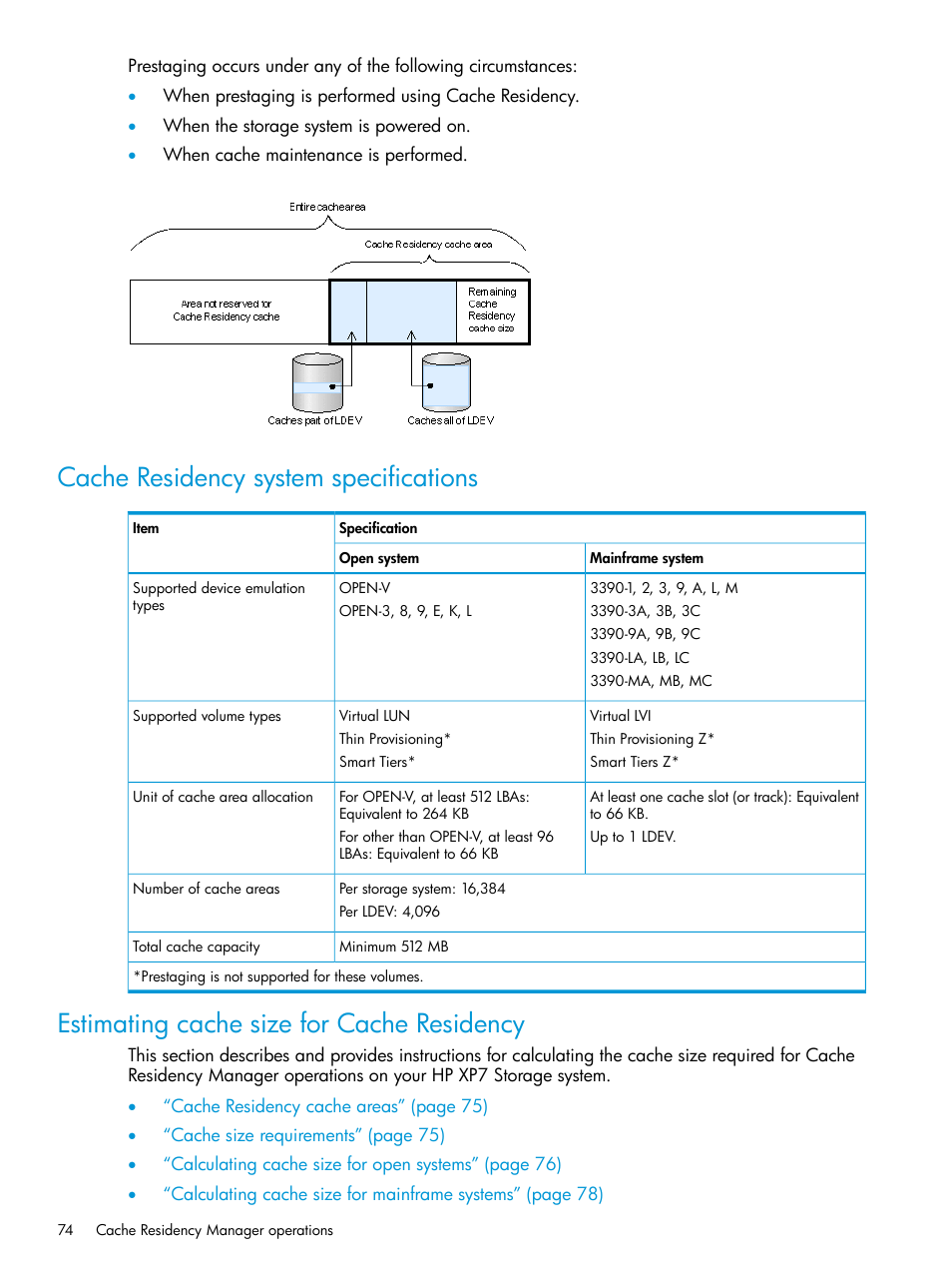 Cache residency system specifications, Estimating cache size for cache residency | HP XP7 Storage User Manual | Page 74 / 227