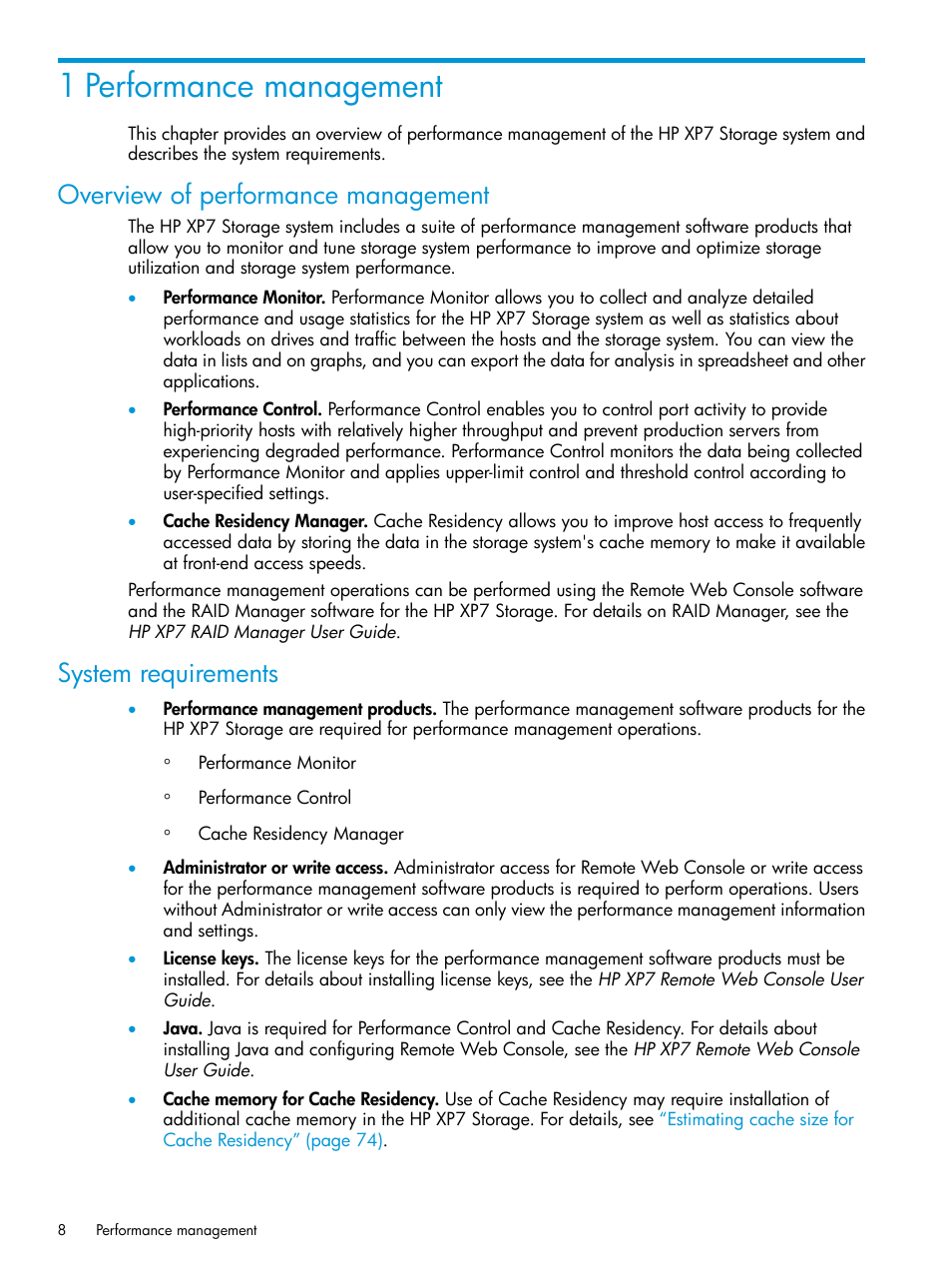 1 performance management, Overview of performance management, System requirements | HP XP7 Storage User Manual | Page 8 / 227