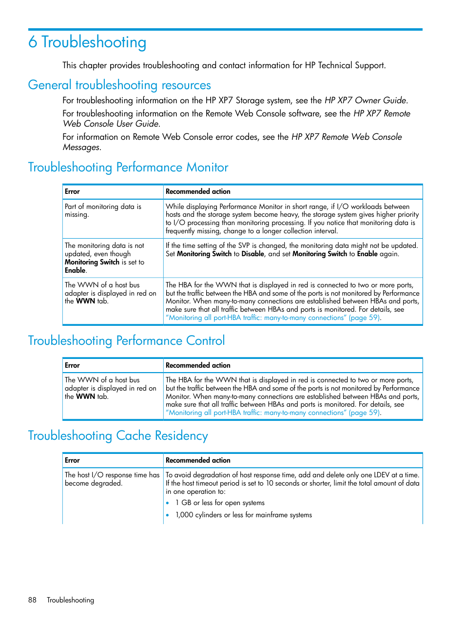 6 troubleshooting, General troubleshooting resources, Troubleshooting performance monitor | Troubleshooting performance control, Troubleshooting cache residency | HP XP7 Storage User Manual | Page 88 / 227