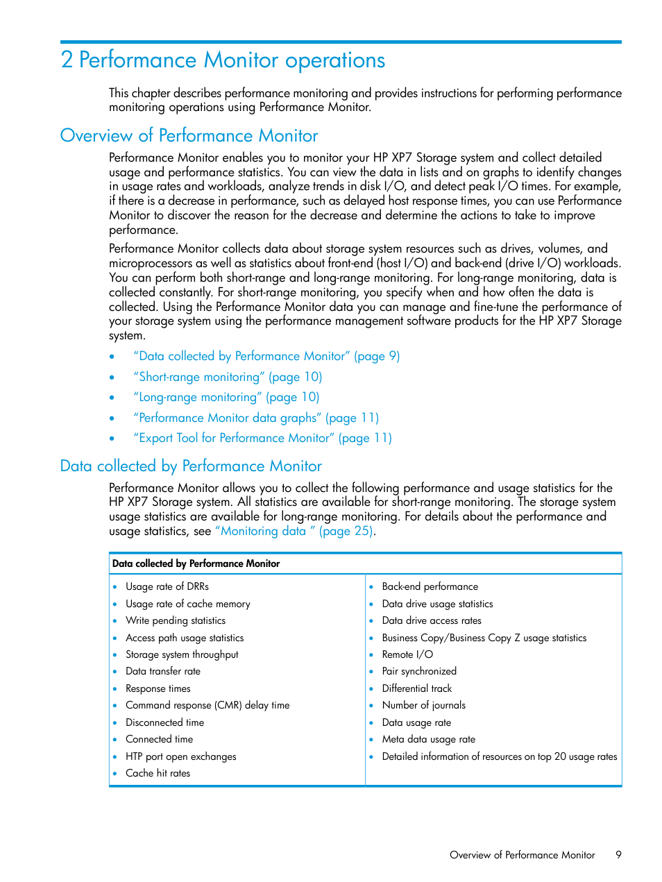 2 performance monitor operations, Overview of performance monitor, Data collected by performance monitor | HP XP7 Storage User Manual | Page 9 / 227