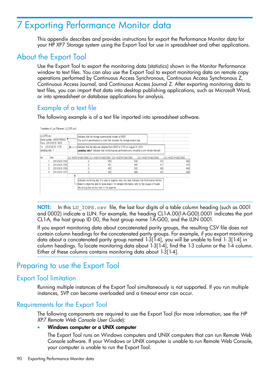 7 exporting performance monitor data, About the export tool, Preparing to use the export tool | Export tool limitation, Requirements for the export tool | HP XP7 Storage User Manual | Page 90 / 227