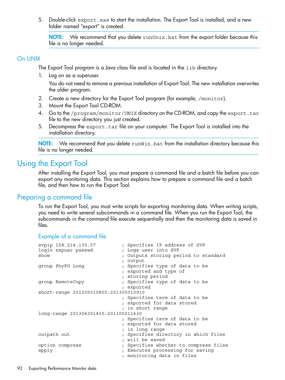On unix, Using the export tool, Preparing a command file | HP XP7 Storage User Manual | Page 92 / 227