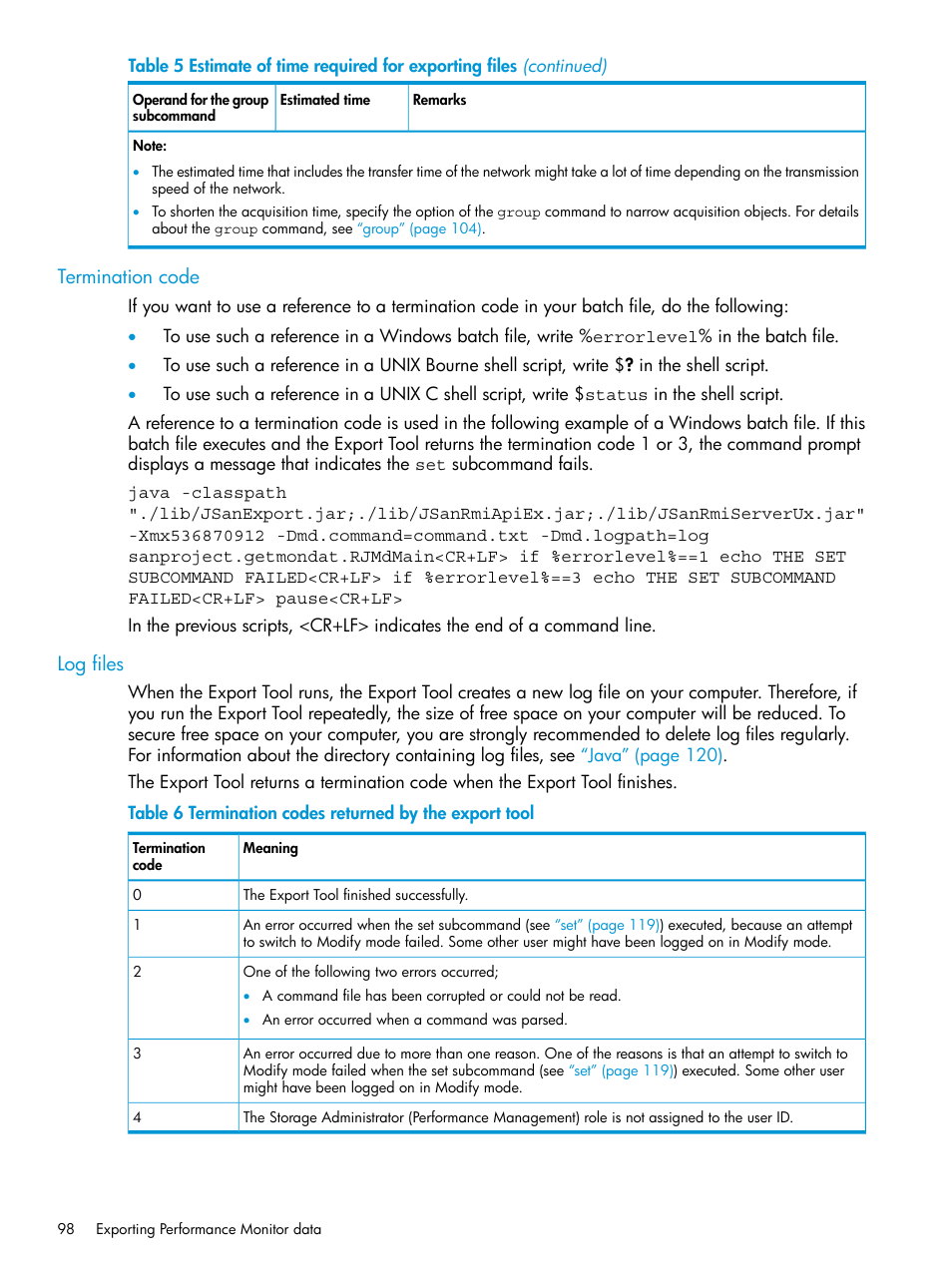 Termination code, Log files, Termination code log files | HP XP7 Storage User Manual | Page 98 / 227