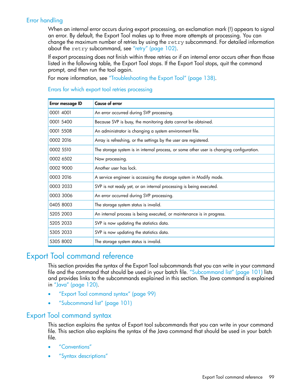 Error handling, Export tool command reference, Export tool command syntax | HP XP7 Storage User Manual | Page 99 / 227