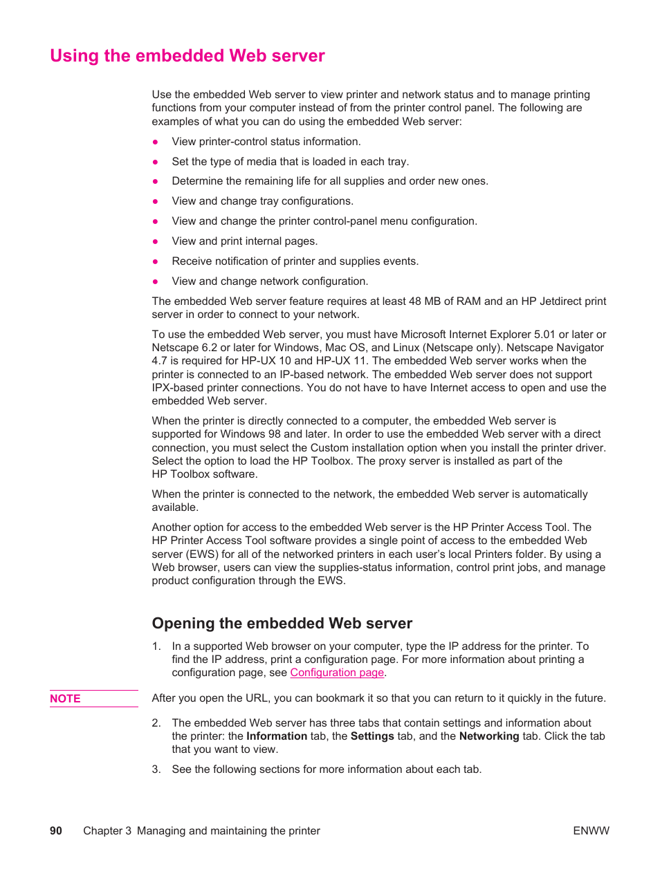 Using the embedded web server, Opening the embedded web server | HP LaserJet 4250 User Manual | Page 102 / 304