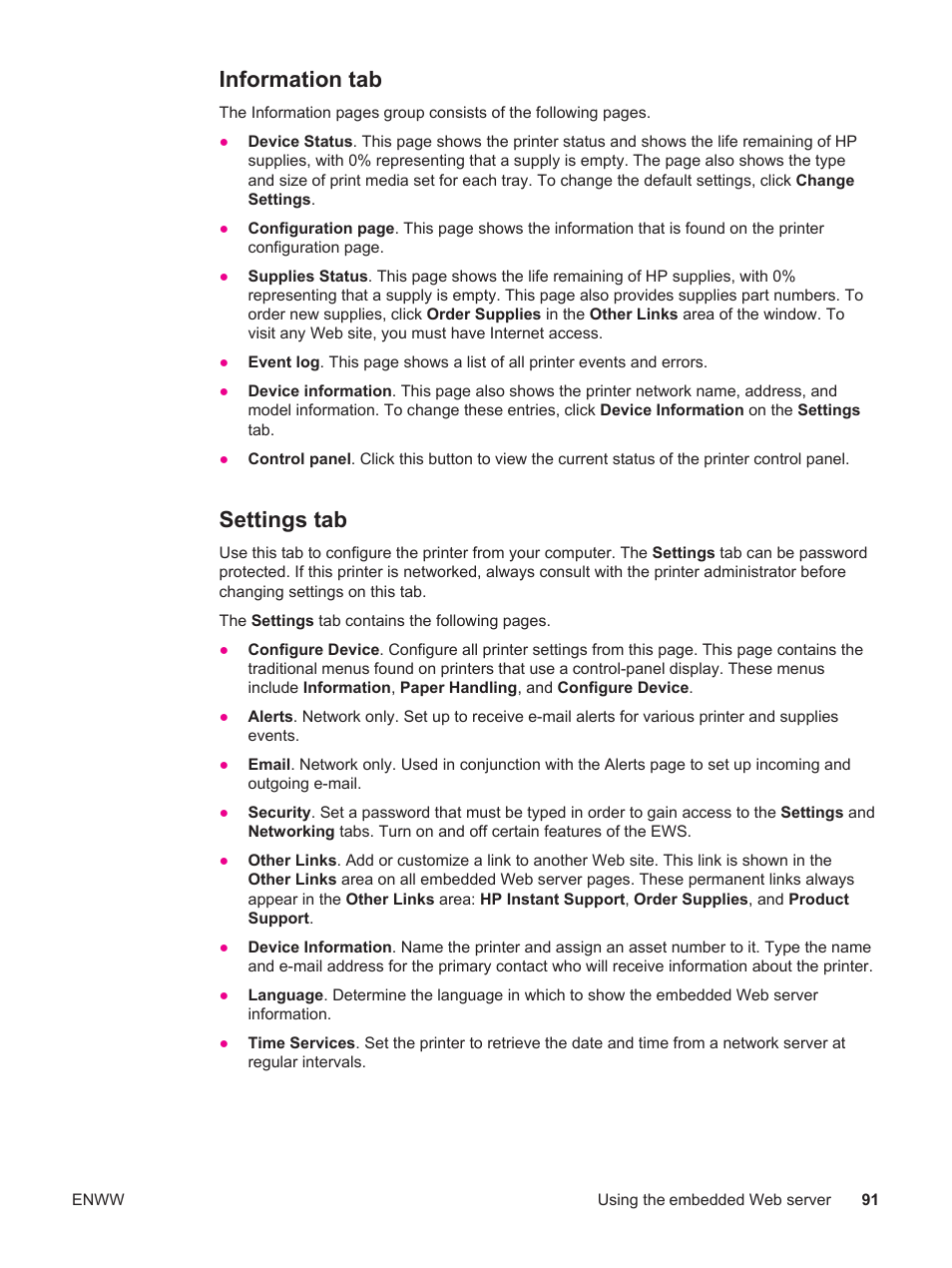 Information tab, Settings tab, Information tab settings tab | HP LaserJet 4250 User Manual | Page 103 / 304