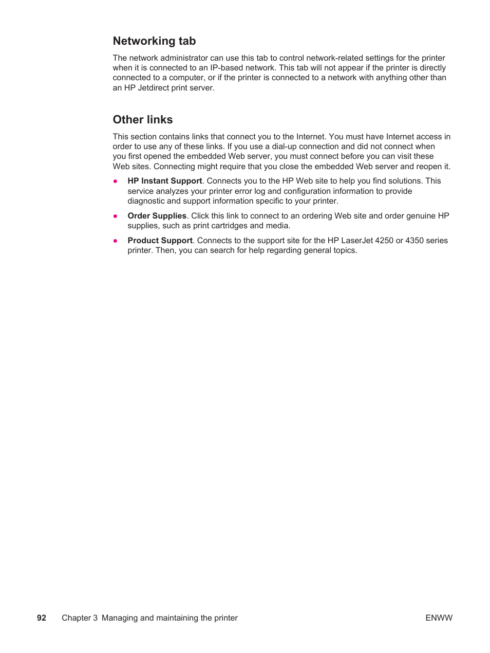 Networking tab, Other links, Networking tab other links | HP LaserJet 4250 User Manual | Page 104 / 304