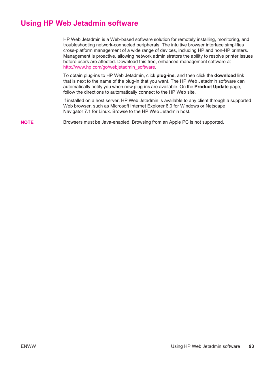 Using hp web jetadmin software | HP LaserJet 4250 User Manual | Page 105 / 304